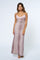 woman wearing a lavender leopard print maxi dress with lace trim and spaghetti straps