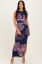 Navy Floral Ruched Sleeveless Midi Dress