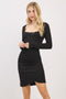 Black Ribbed Long Sleeve Ruched Tulip Skirt Dress
