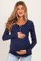 Navy Ribbed Long Sleeve Button Town Maternity Top