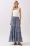 Denim Blue Tiered Drawstring Maxi Skirt