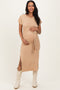 Camel Waist Tie Short Sleeve Side Slit Maternity Dress