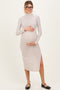 Beige Ribbed Knit Turtleneck Side Slit Maternity Dress