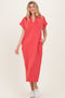 Pink Coral Collared Short Sleeve Midi Dress