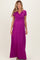 woman wearing a vibrant purple short sleeve maternity maxi dress with a gathered waist and baby bump visible