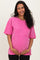 woman wearing a bright pink short sleeve maternity t-shirt with a pocket, holding her baby bump