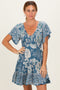 Green Short Sleeve Floral Smocked Bodice Dress