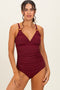 Dark Red Ribbed O-Ring Strap Cutout Back One Piece Swimsuit