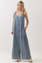 Denim V-Neck Tie Wide Leg Jumpsuit