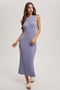 Chambray Blue High Neck Side Slit Midi Dress
