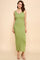 woman wearing a fitted green sleeveless maxi dress with a scoop neckline