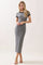 woman wearing a gray striped midi dress with black short sleeves and a fitted silhouette