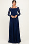 Navy Floral Lace Long Sleeve Off Shoulder Maxi Dress