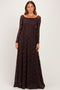 Brown Floral Lace Long Sleeve Off Shoulder Maxi Dress