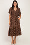 Brown White Polka Dot Smocked Bodice Flutter Sleeve Midi Dress