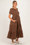 Brown Solid Short Sleeve Tiered Maternity Maxi Dress