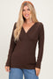 Brown Fitted Long Sleeve Wrap V-Neck Top