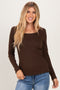 Brown Lettuce Hem Fitted Long Sleeve Top