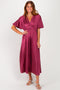 Dark Mauve V-Neck Satin Pleated Midi Dress