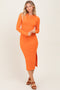 Orange Ribbed Mock Neck Long Sleeve Midi Dress