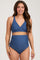 woman wearing a blue maternity bikini top and high-waisted bikini bottoms, showing a baby bump