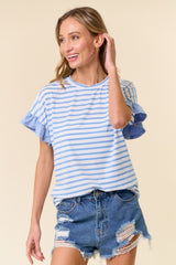 Light Blue Striped Ruffle Sleeve Maternity Top