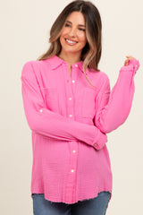 Pink Front Pocket Fringe Hem Button Up Maternity Shirt