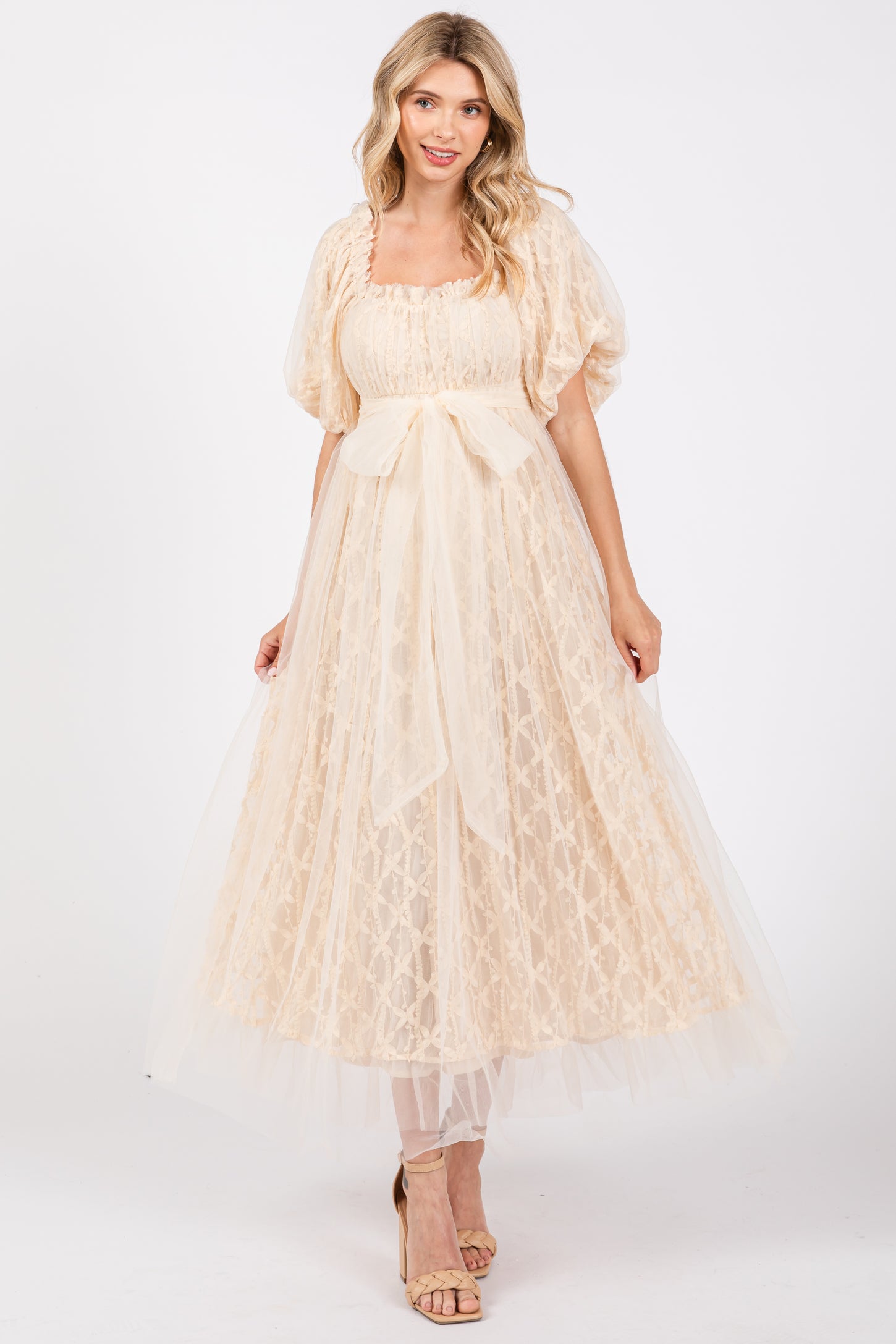 Cream Balloon Sleeve Embroidery Mesh Maternity Midi Dress