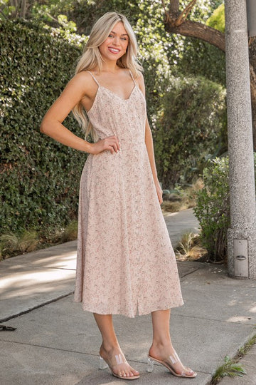 Beige Pink Print Woven Midi Dress