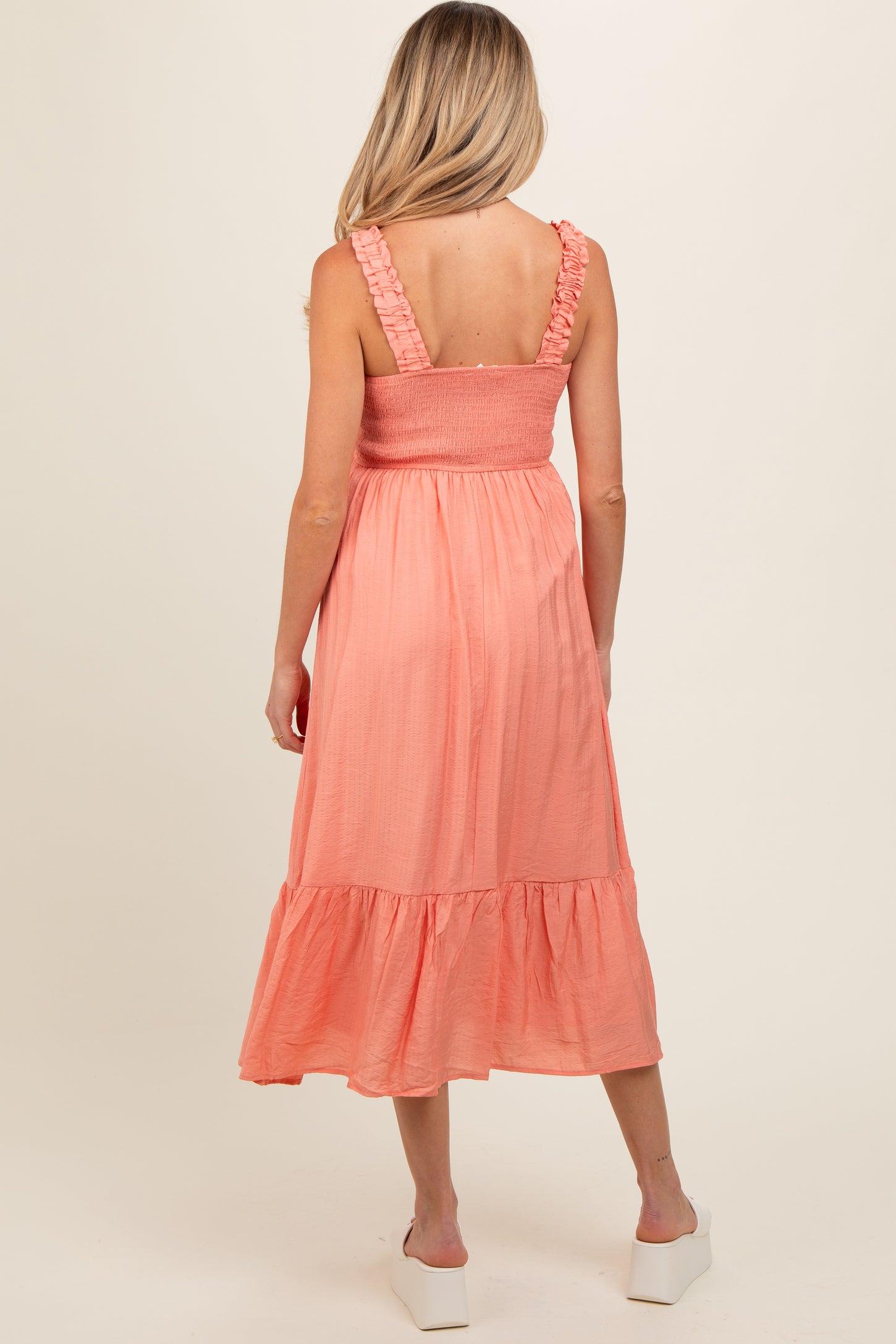 Coral Smocked Bodice Maternity Maxi Dress