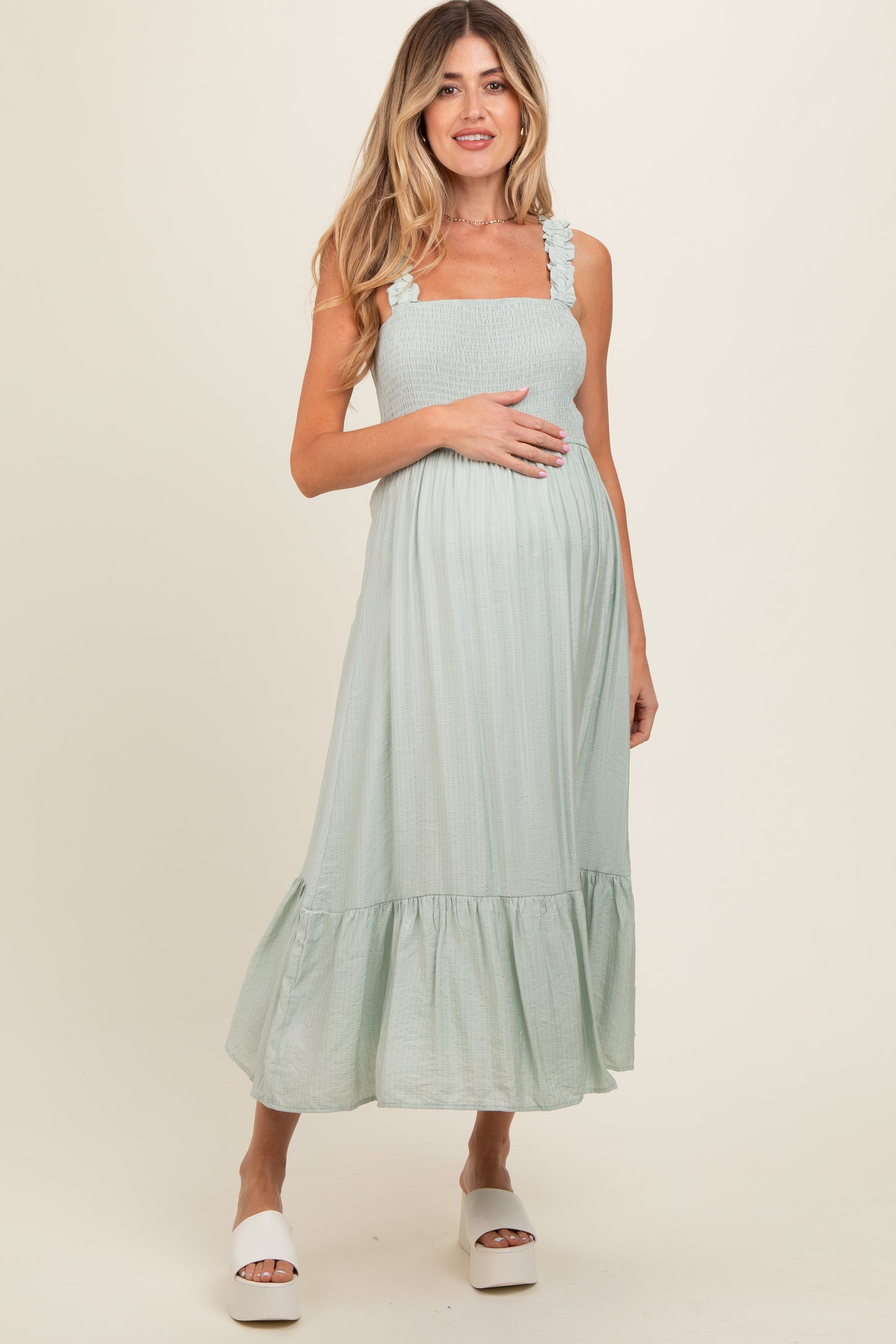 Mint Smocked Bodice Maternity Maxi Dress