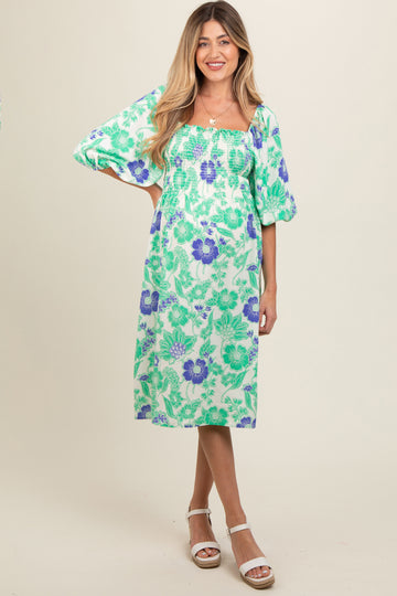 Green Floral Smocked Square Neck Maternity Midi Dress