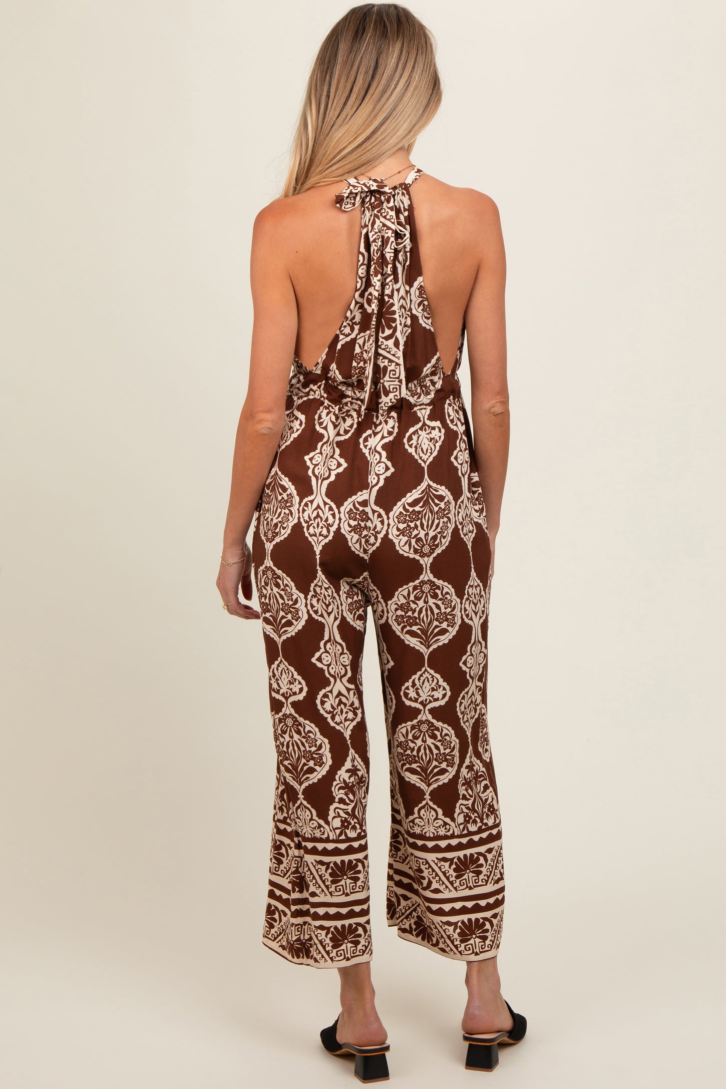 Brown Border Print Front Tie Halter Maternity Jumpsuit