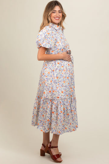 Ivory Floral Puff Sleeve Button Down Maternity Midi Dress