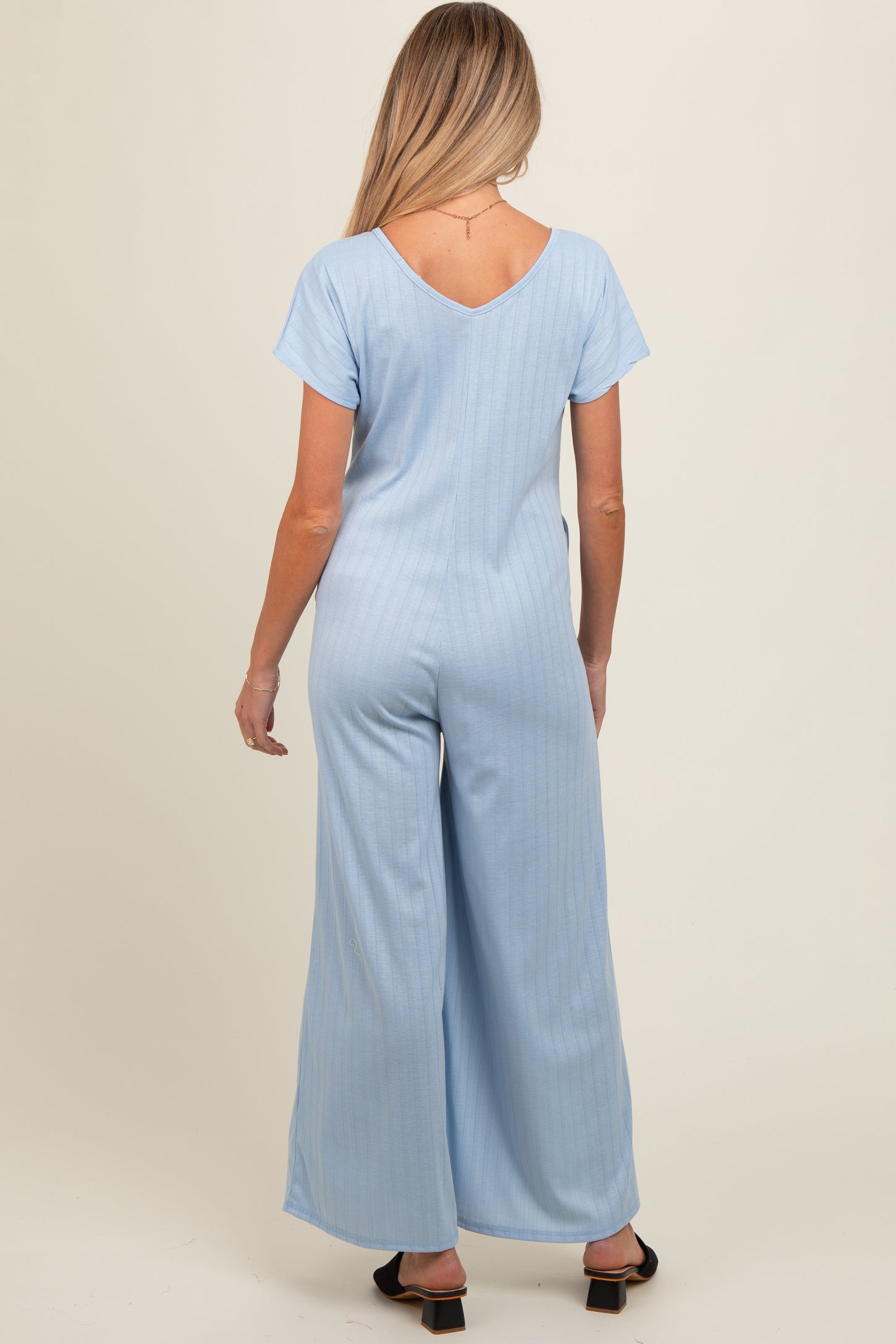 Light Blue Ribbed Wide Leg Maternity Jumpsuit