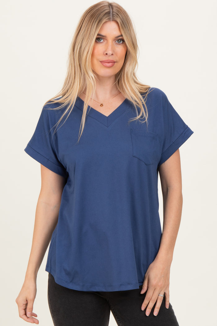 Navy V-Neck Pocket Short Sleeve Maternity Shirt