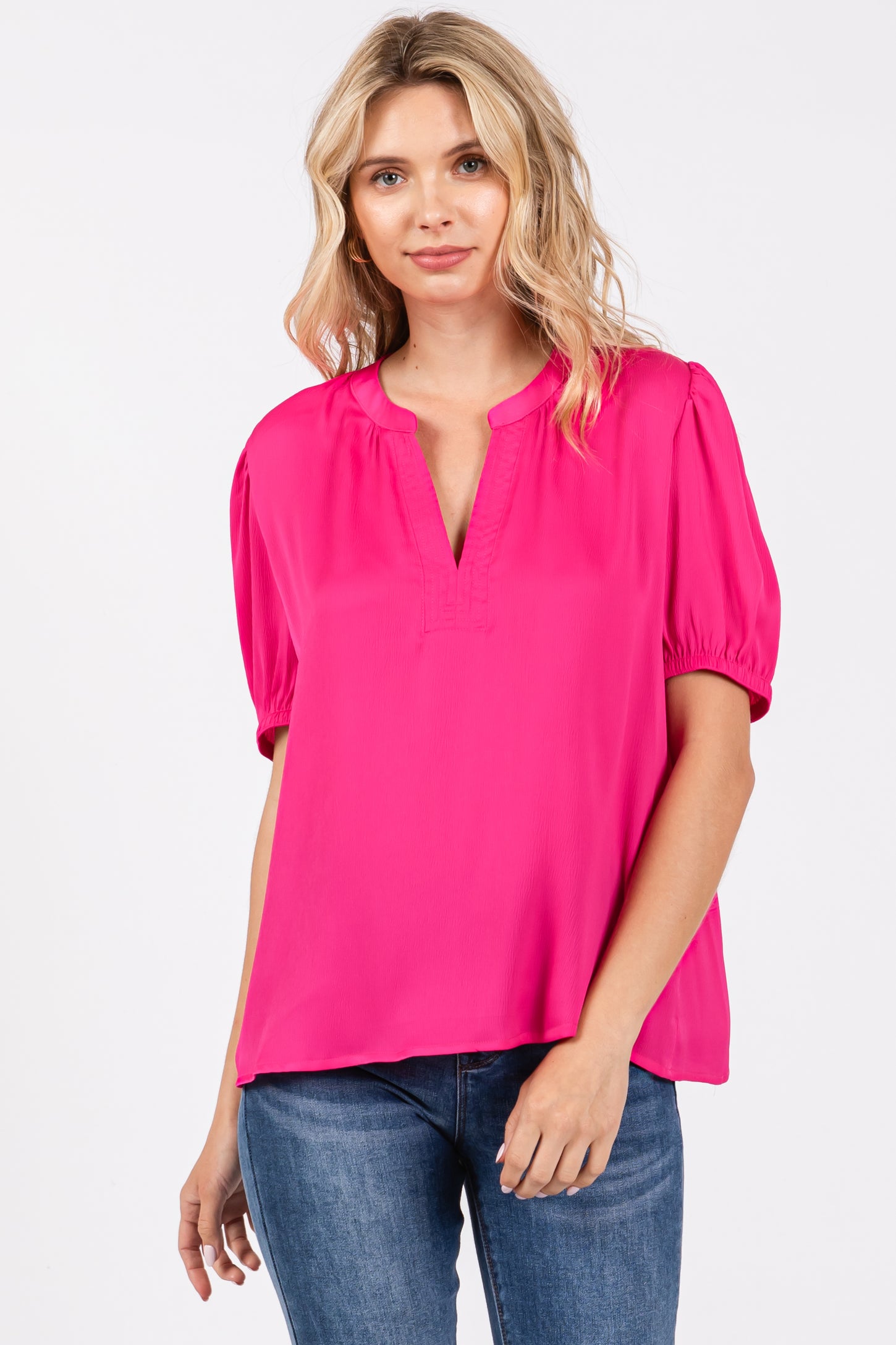 Fuchsia V-Neck Puff Sleeve Maternity Blouse