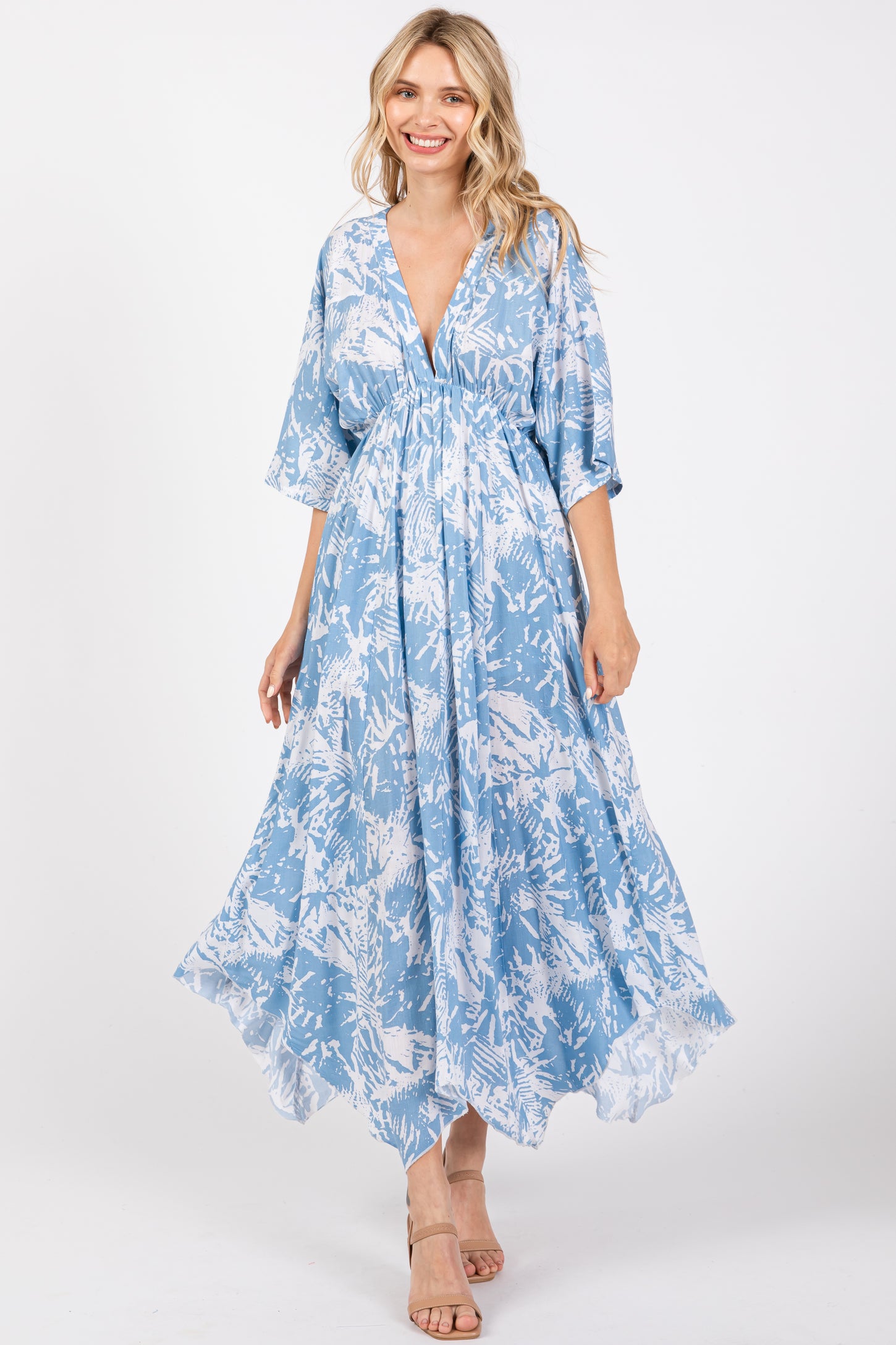 Blue Printed V-Neck Draped Maternity Maxi Dress