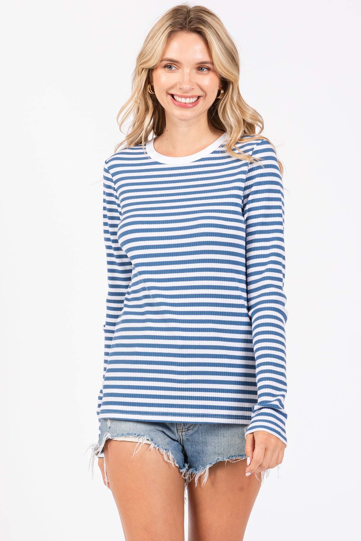 Blue Striped Long Sleeve Ribbed Maternity Top