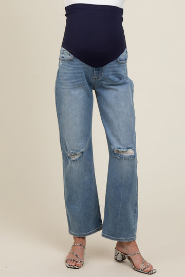 Blue Distressed Knee Straight Leg Maternity Jeans