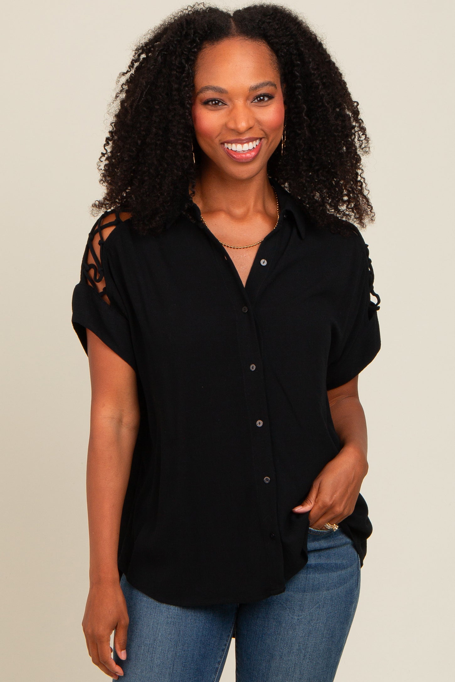 Black Button Down Lace-Up Shoulder Maternity Top