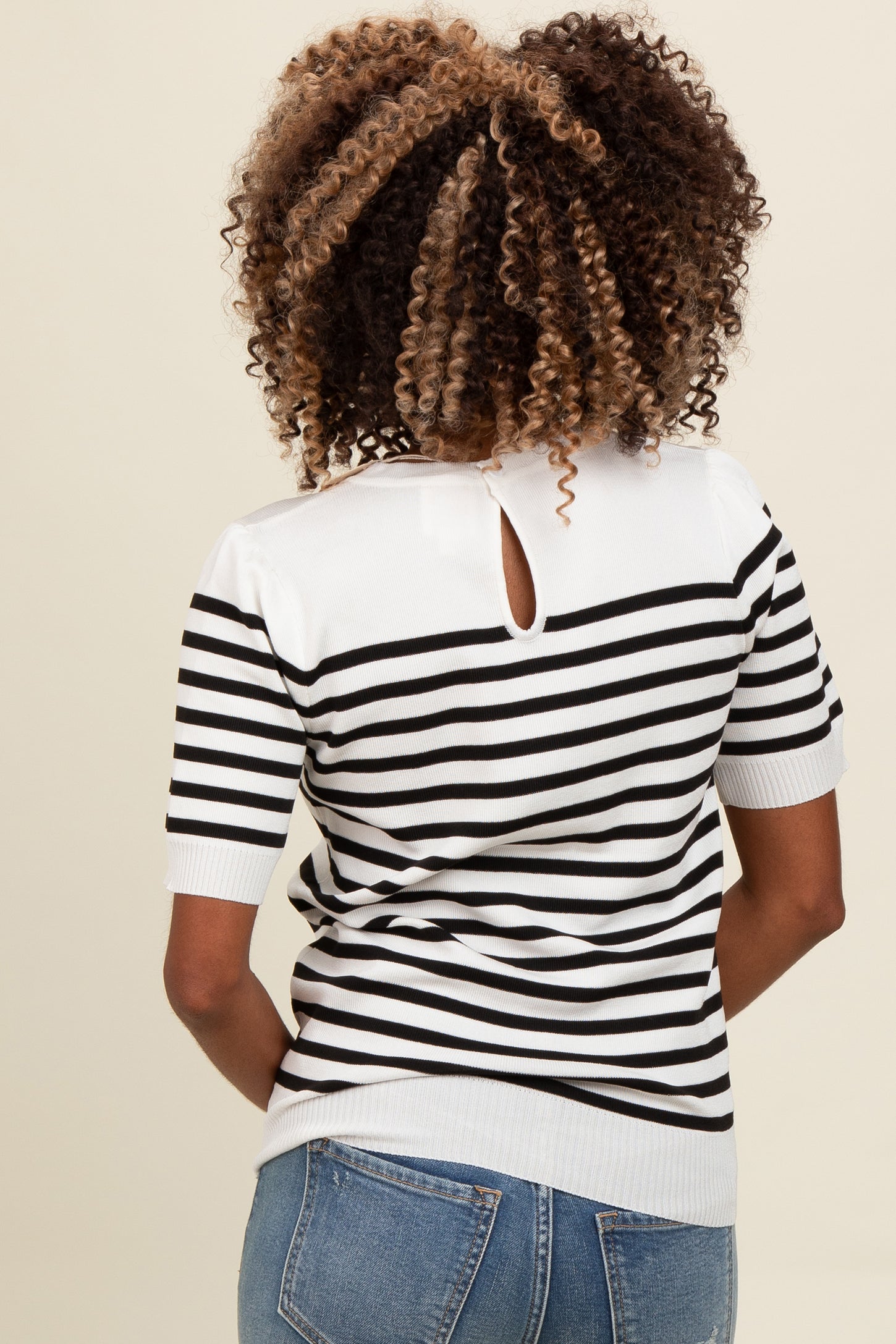 Ivory Striped Short Sleeve Knit Top
