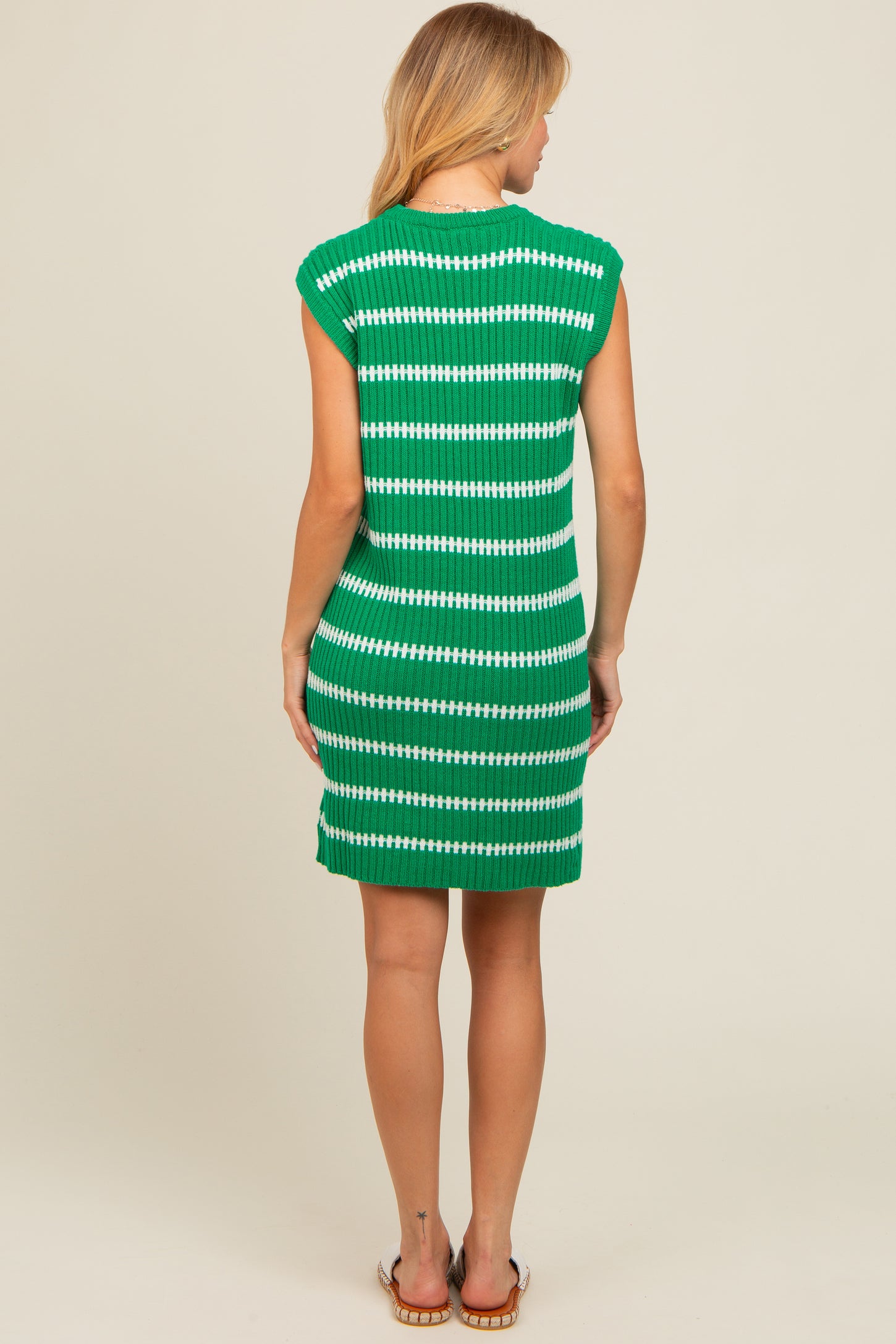 Green Striped Sweater Knit Sleeveless Dress