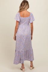 Lavender Floral Short Sleeve Maternity Maxi Dress
