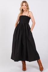 Black Smocked Pocketed Midi Dress