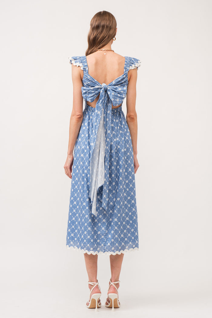 Blue Printed Ruffle Accent Midi Dress