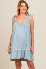 Light Blue Ruffle Hem Shoulder Tie Maternity Dress