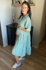 Jade Striped Tiered Raw Hem Maternity Midi Dress