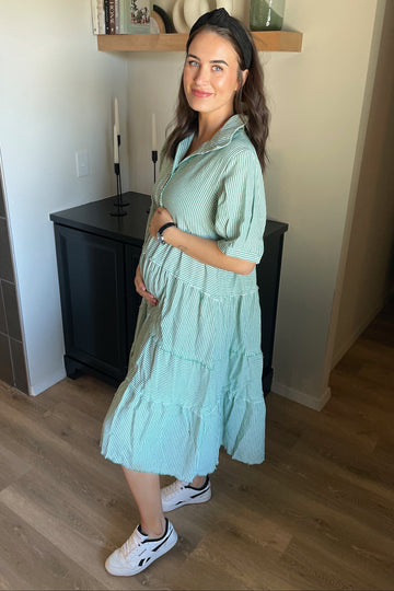 Jade Striped Tiered Raw Hem Maternity Midi Dress
