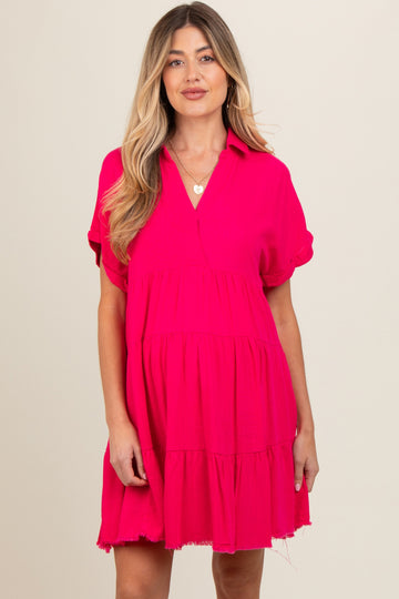 Fuchsia Tiered Linen Maternity Dress